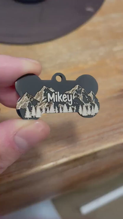 Dog Tag Bone for Collar, Personalised with Name in Mountain and Floral Pattern - Engraved Dog ID Tag with Cute Design in Gold Silver Black