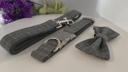 Personalised BLUE GREY PLAID Boy Dog Collar or Dog Collar and Lead Set