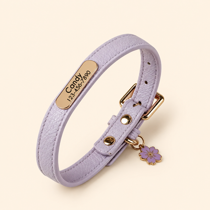 Personalised PU Leather Dog Collar, Custom Engraved Pet ID Name Collar with Charm, Soft Cat & Puppy Collar for Small & Medium Dogs & Cats