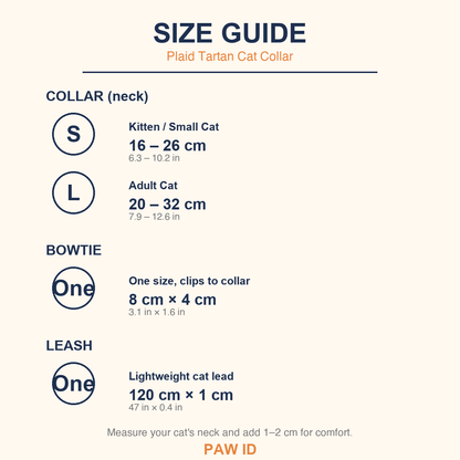 Plaid Tartan Cat Collar size guide - collar, bowtie, leash