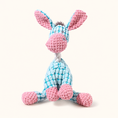 Blue donkey corduroy squeaky dog toy on cream background