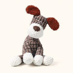 Brown dog corduroy squeaky dog toy on cream background