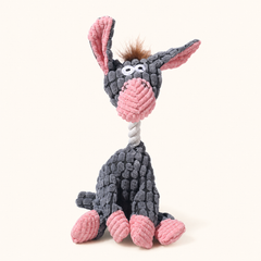 Grey donkey corduroy squeaky dog toy on cream background