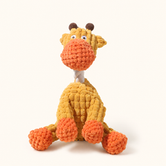 Yellow giraffe corduroy squeaky dog toy on cream background