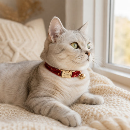 Cream cat by window wearing Velvet Golden Star Cat Collar