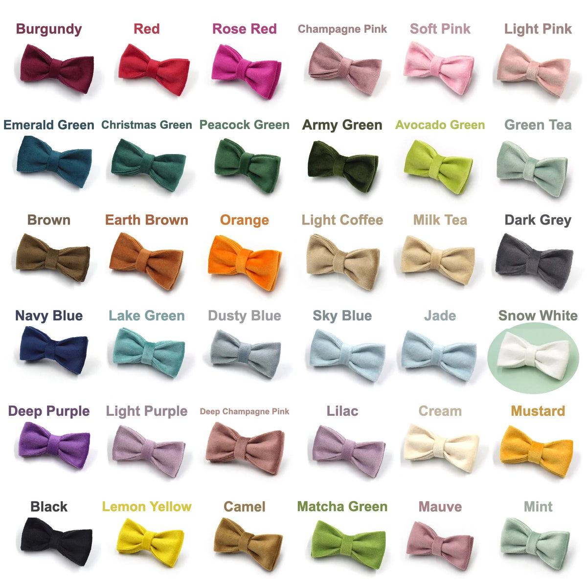 Velvet cat bow tie colour chart