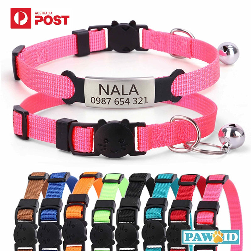 Personalised Cat Collar with Breakaway Buckle, Silent Tag Bell, 8 Bright Colors