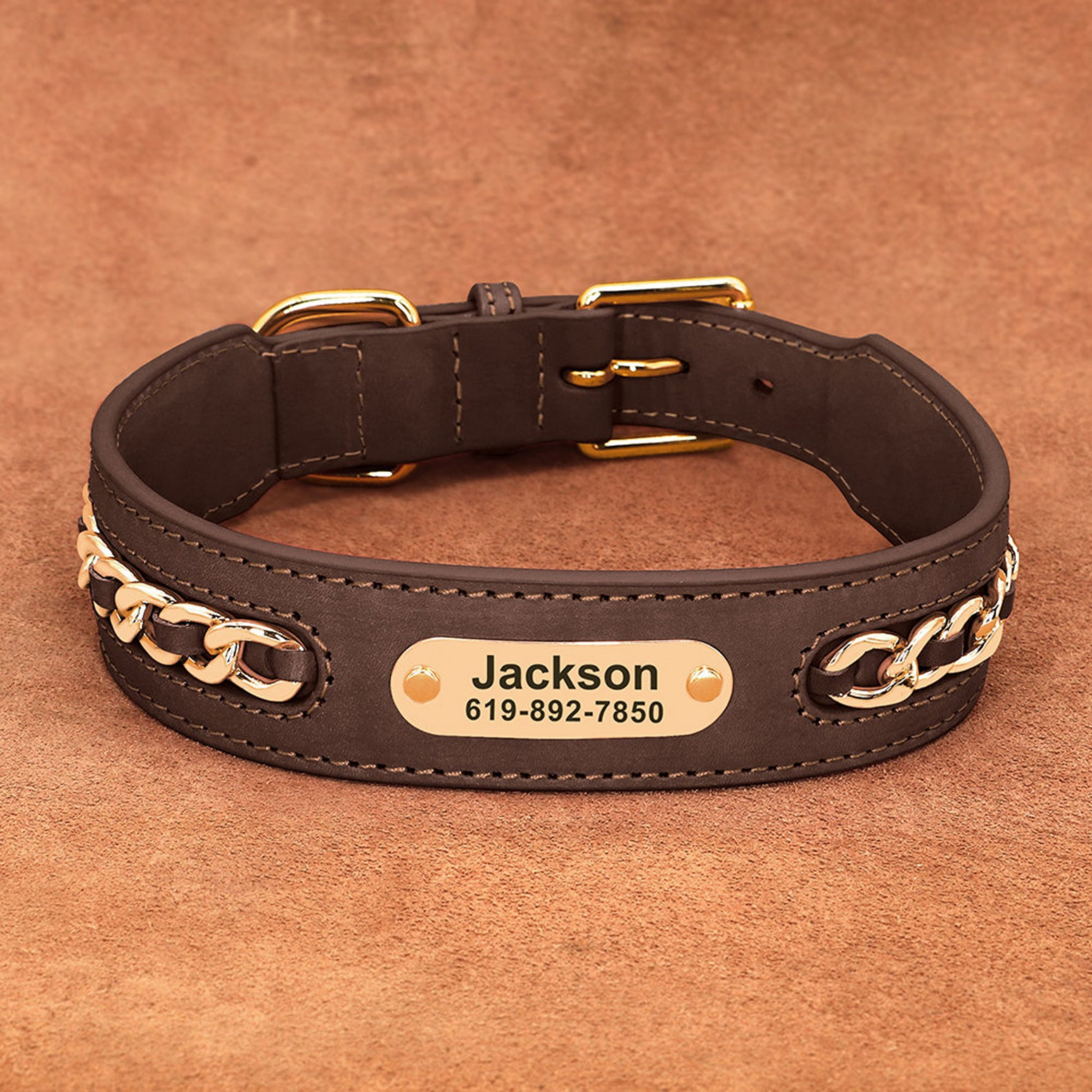 Personalized Laser Engraved Genuine Leather Golden Chain Deco Dog Collar for Small to Large dogs Black S: 28-35cm