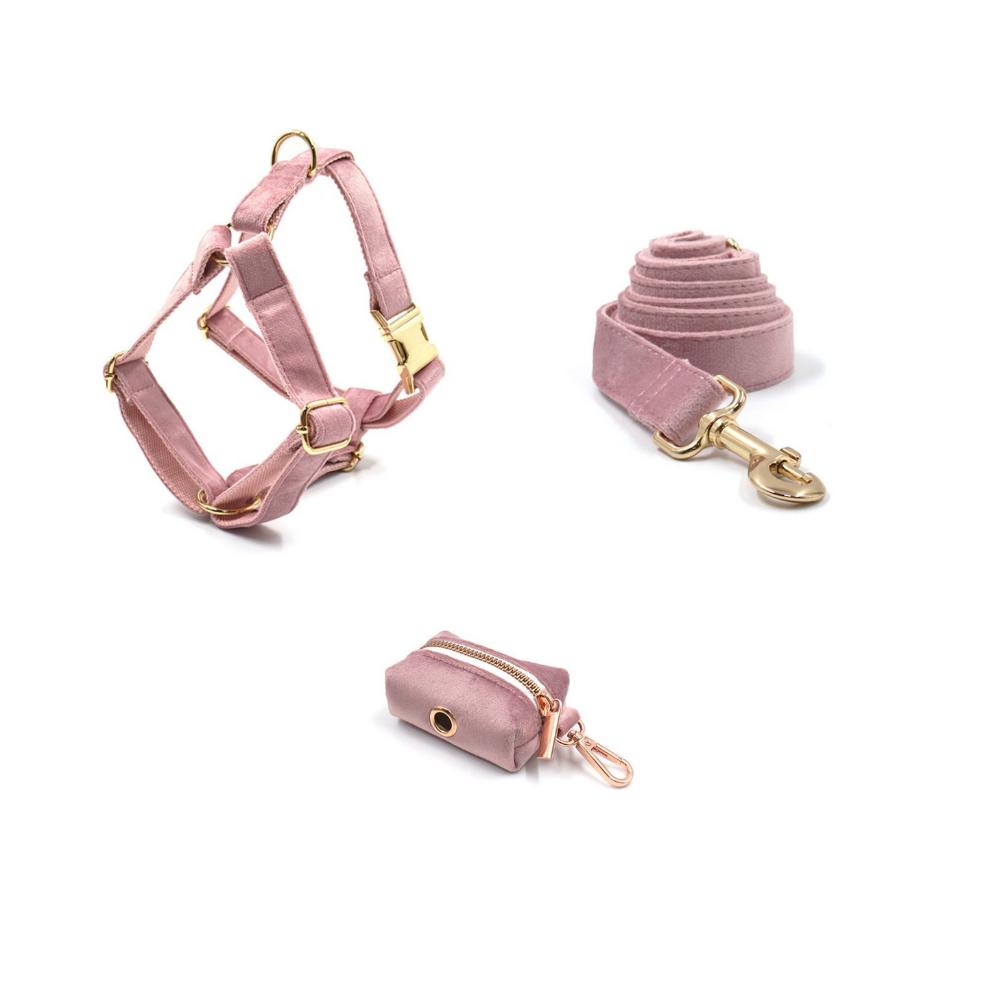 Custom Thick Velvet Champagne Pink Personalised Dog Collar, Matching Dog Bowtie, Dog Leash, Dog Harness and Dog Poop Bag