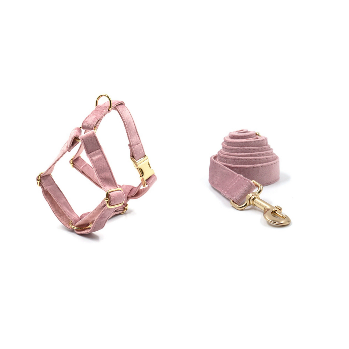 Custom Thick Velvet Champagne Pink Personalised Dog Collar, Matching Dog Bowtie, Dog Leash, Dog Harness and Dog Poop Bag