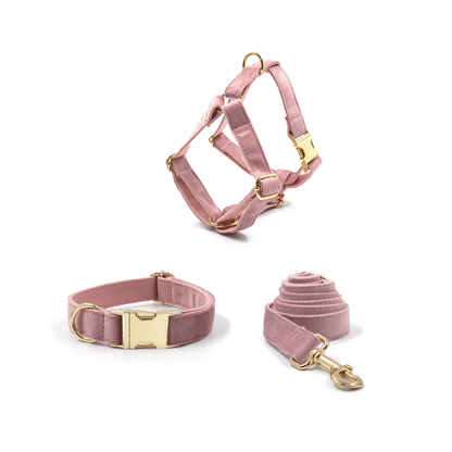 Custom Thick Velvet Champagne Pink Personalised Dog Collar, Matching Dog Bowtie, Dog Leash, Dog Harness and Dog Poop Bag