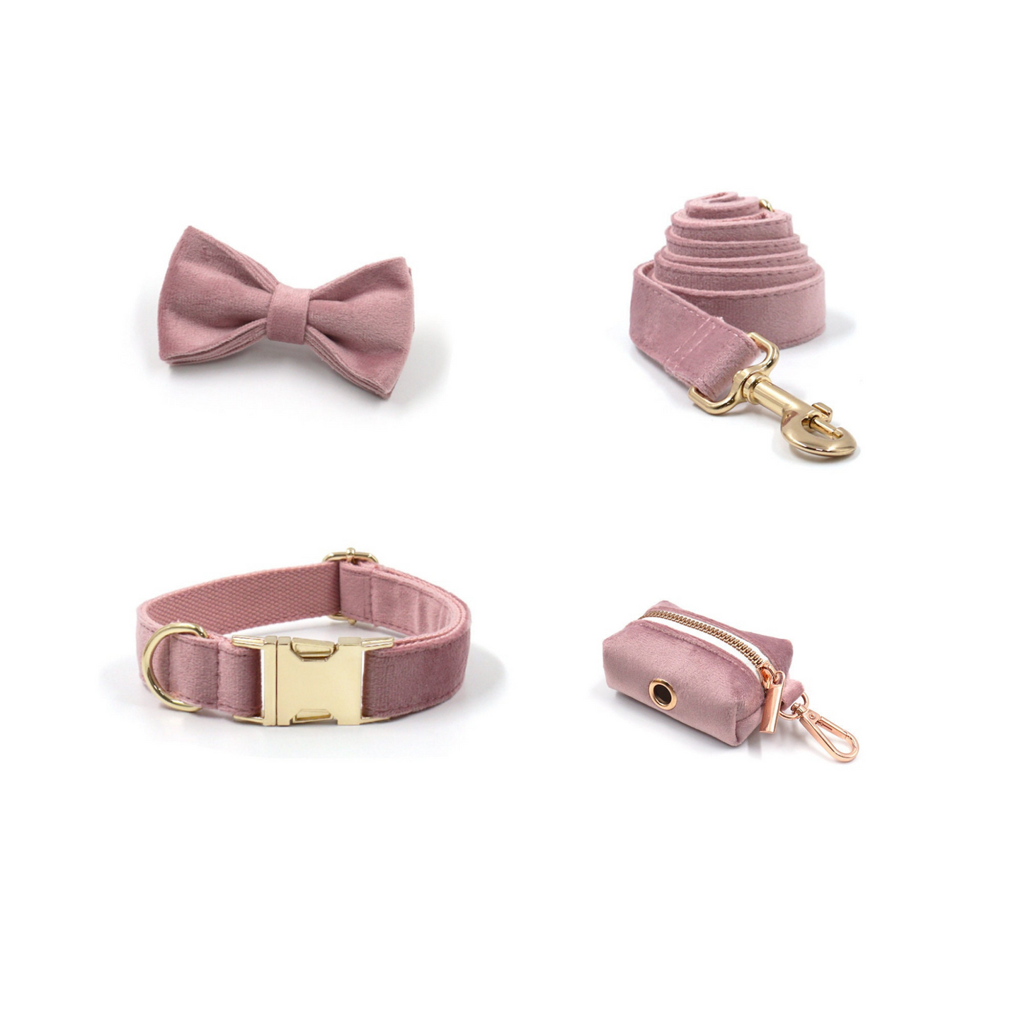Custom Thick Velvet Champagne Pink Personalised Dog Collar, Matching Dog Bowtie, Dog Leash, Dog Harness and Dog Poop Bag