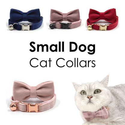 Personalised Thick Velvet cat collar or puppy tiny dog collar with detachable bowtie and name engraving