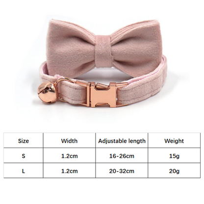 Personalised Thick Velvet cat collar or puppy tiny dog collar with detachable bowtie and name engraving
