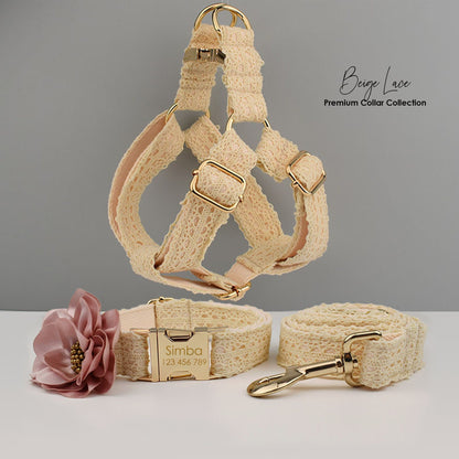 Personalised Dog Collar or Dog Lead Set in Beige and Lace Pattern, Trendy Style for Wedding for Small Medium Large Female Dogs