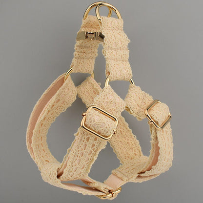Personalised Dog Collar or Dog Lead Set in Beige and Lace Pattern, Trendy Style for Wedding for Small Medium Large Female Dogs