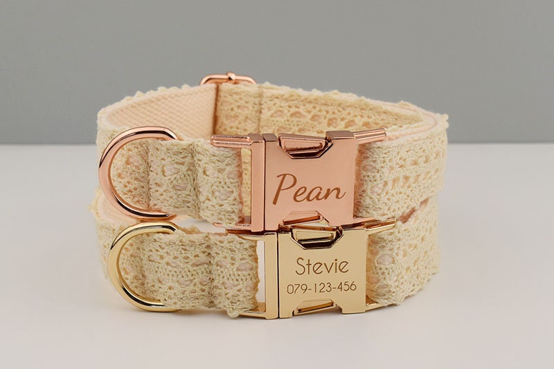 Personalised Dog Collar or Dog Lead Set in Beige and Lace Pattern, Trendy Style for Wedding for Small Medium Large Female Dogs