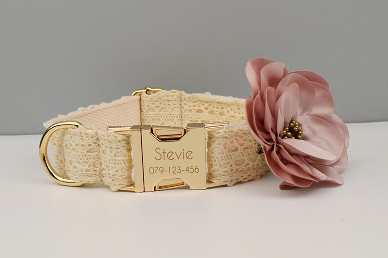 Personalised Dog Collar or Dog Lead Set in Beige and Lace Pattern, Trendy Style for Wedding for Small Medium Large Female Dogs