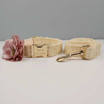 Personalised Dog Collar or Dog Lead Set in Beige and Lace Pattern, Trendy Style for Wedding for Small Medium Large Female Dogs