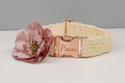 Personalised Dog Collar or Dog Lead Set in Beige and Lace Pattern, Trendy Style for Wedding for Small Medium Large Female Dogs
