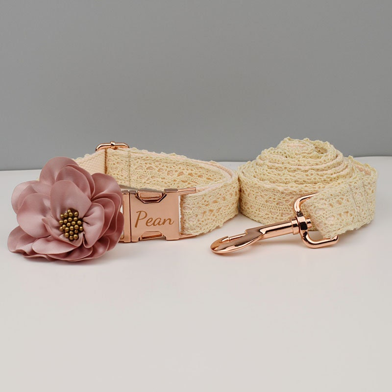 Personalised Dog Collar or Dog Lead Set in Beige and Lace Pattern, Trendy Style for Wedding for Small Medium Large Female Dogs