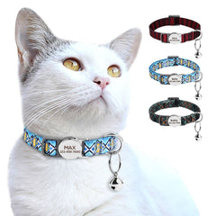 Cat Collar Custom Personalised Safety Breakaway Cat Collar With Bell Tribal Plaid Engraved Name Adjustable Collar for Cat Kitten Female Male Boy Girl Cat Kitten Custom Pet Gift