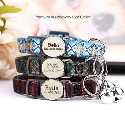 Cat Collar Custom Personalised Safety Breakaway Cat Collar With Bell Tribal Plaid Engraved Name Adjustable Collar for Cat Kitten Female Male Boy Girl Cat Kitten Custom Pet Gift