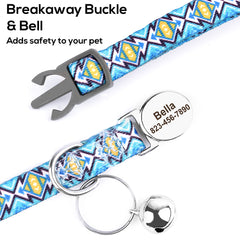 Cat Collar Custom Personalised Safety Breakaway Cat Collar With Bell Tribal Plaid Engraved Name Adjustable Collar for Cat Kitten Female Male Boy Girl Cat Kitten Custom Pet Gift