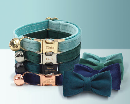 Green Thick Velvet Personalised Cat and Small Dog Collar Bow Tie Set, Free Engraved Kitten Puppy Name Tag, Bell, Pet Gift
