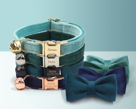 Green Thick Velvet Personalised Cat and Small Dog Collar Bow Tie Set, Free Engraved Kitten Puppy Name Tag, Bell, Pet Gift