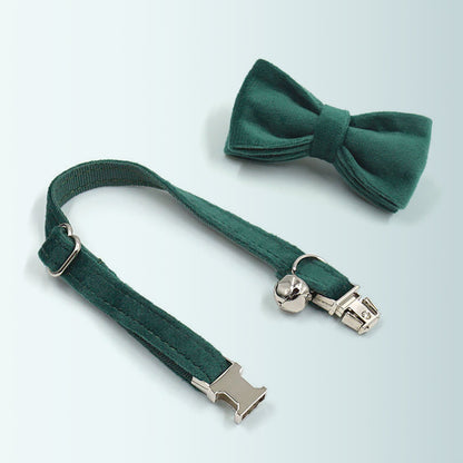 Green Thick Velvet Personalised Cat and Small Dog Collar Bow Tie Set, Free Engraved Kitten Puppy Name Tag, Bell, Pet Gift