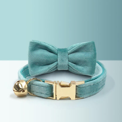 Green Thick Velvet Personalised Cat and Small Dog Collar Bow Tie Set, Free Engraved Kitten Puppy Name Tag, Bell, Pet Gift