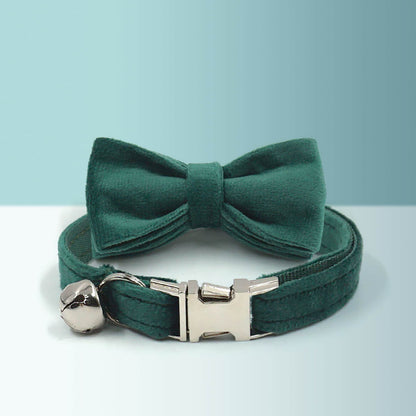Green Thick Velvet Personalised Cat and Small Dog Collar Bow Tie Set, Free Engraved Kitten Puppy Name Tag, Bell, Pet Gift