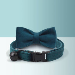Green Thick Velvet Personalized Cat and Small Dog Collar Bow Tie Set, Free Engraved Kitten Puppy Name Tag, Bell, Pet Gift