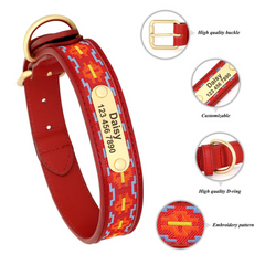 Personalized Engraved Tribal Embroidery Genuine Cow Leather Dog Collar with Custom Name Plate