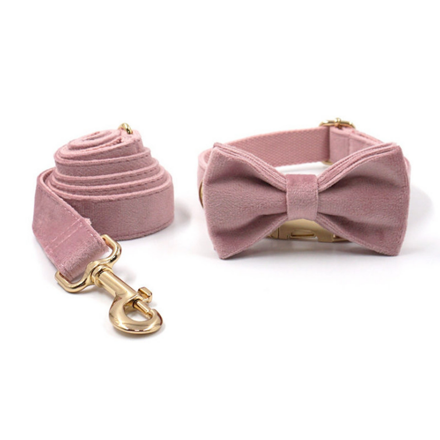 Custom Thick Velvet Champagne Pink Personalised Dog Collar, Matching Dog Bowtie, Dog Leash, Dog Harness and Dog Poop Bag