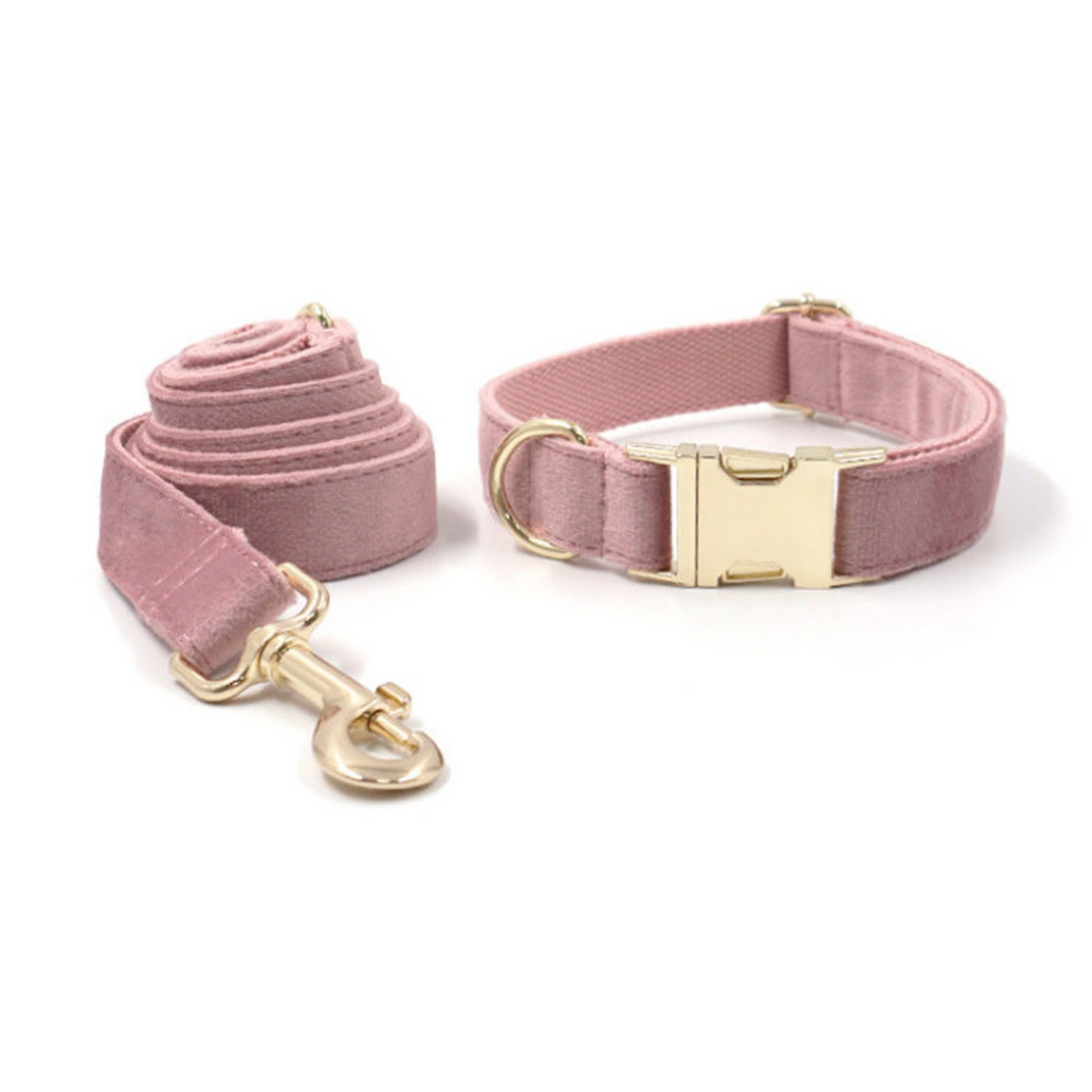 Custom Thick Velvet Champagne Pink Personalised Dog Collar, Matching Dog Bowtie, Dog Leash, Dog Harness and Dog Poop Bag