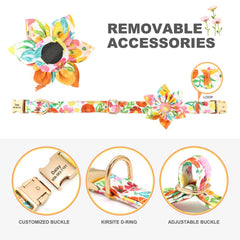 Personalized Engraved Floral, Love Heart, Butterfly, Bee, and Sunflower Dog Collar with removable flower