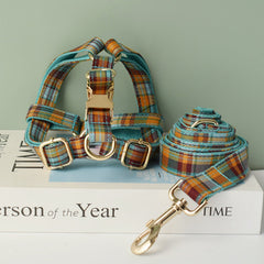 Personalized Engraved Blue Tartan Dog Collar with Name Dog Leash Set, Step in Harness Removable Dog Bow Tie Available