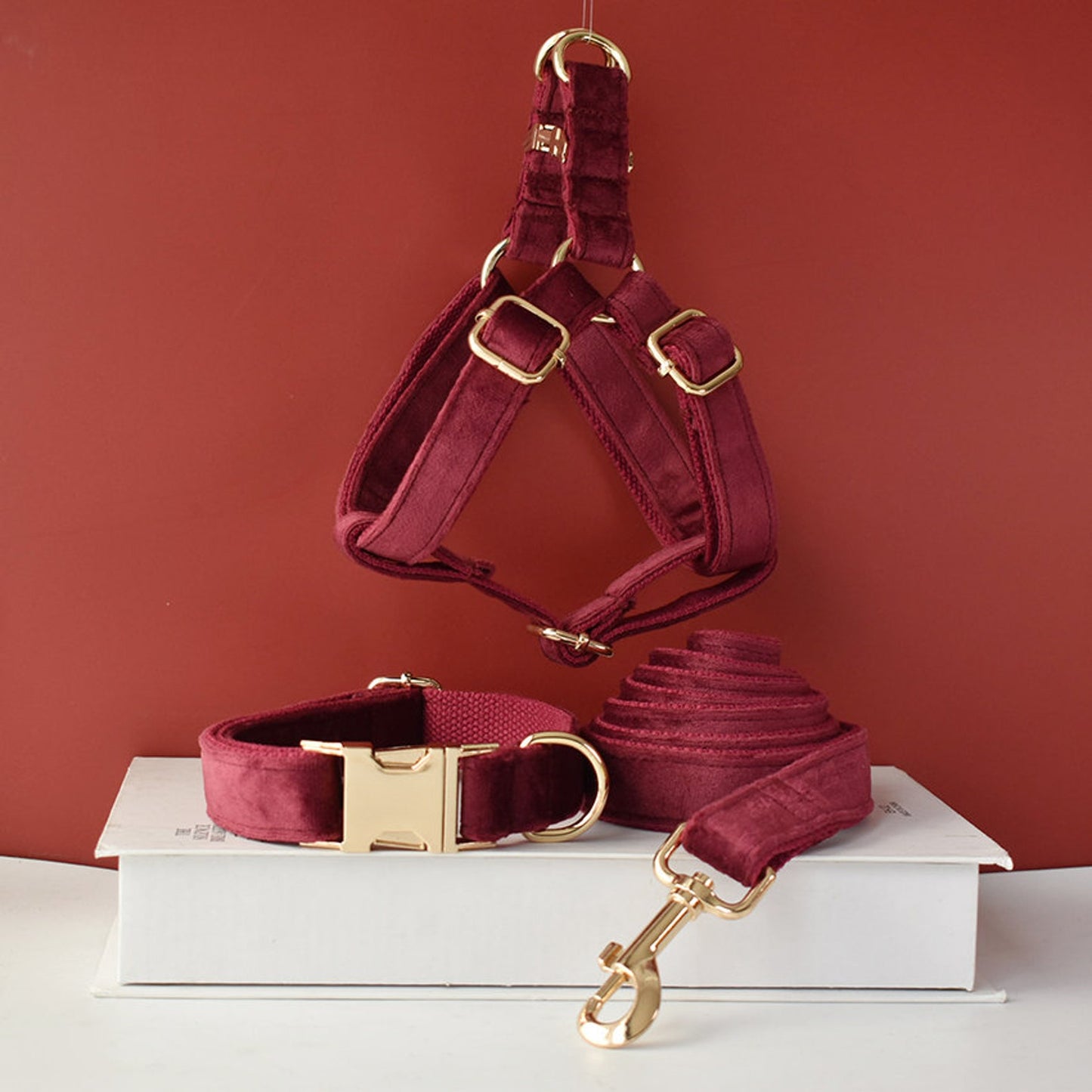 Personalised Thick Velvet Burgundy Dog Collar and Lead Set, Matching Bowtie