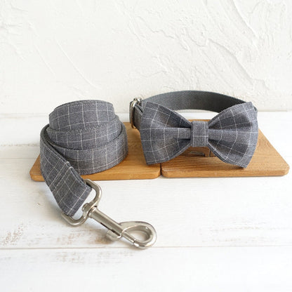 BLUE GREY PLAID Personalised Dog Collar Set