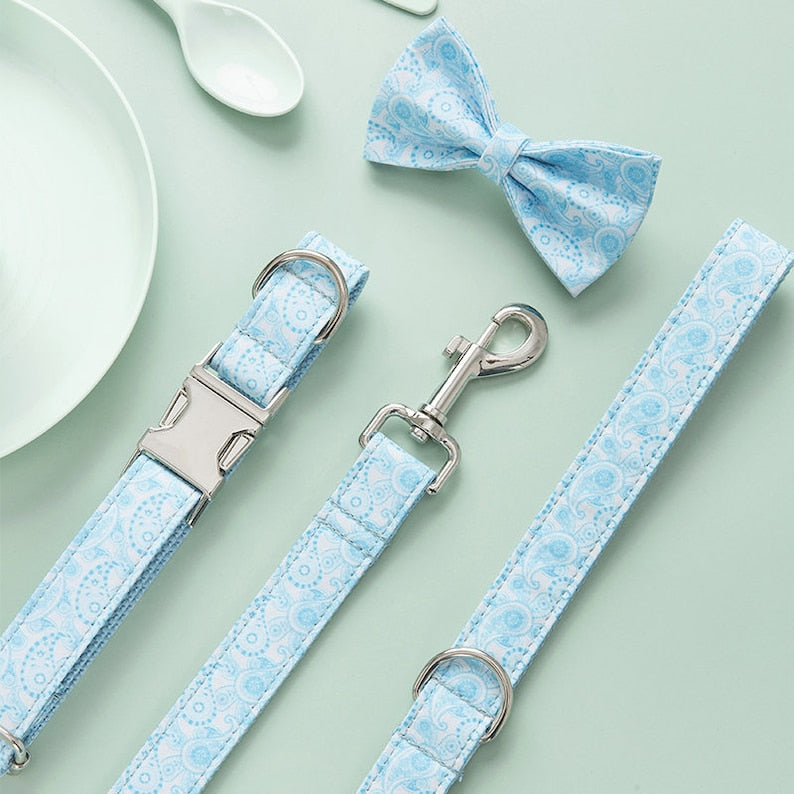 Handmade Blue Paisley Design Dog Collar Set