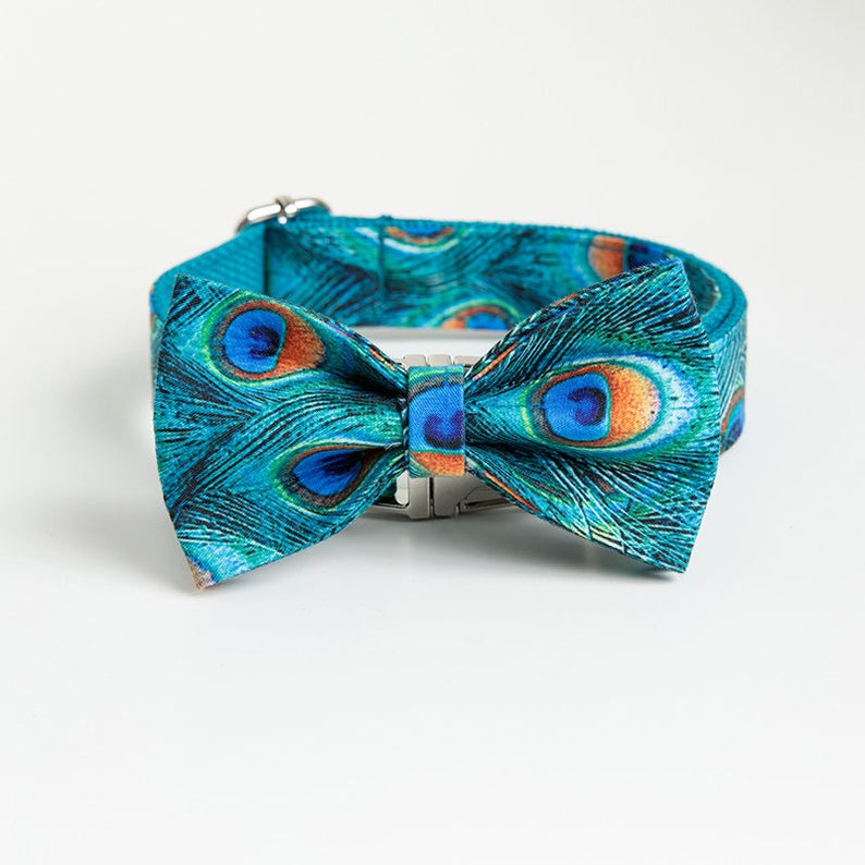 PEACOCK Personalised Bow Tie Dog Collar Set