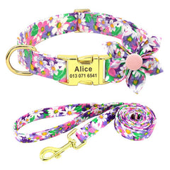 Cute Custom Engraved Floral Dog Collar Set