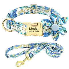 Cute Custom Engraved Floral Dog Collar Set