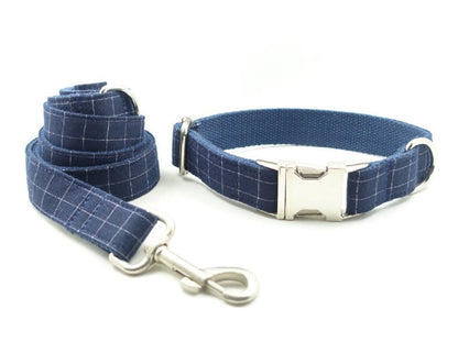 BLUE GREY PLAID Personalised Dog Collar Set