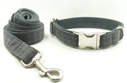 BLUE GREY PLAID Personalised Dog Collar Set