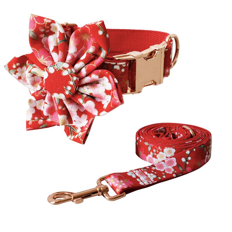 Personalised Red Floral Dog Collar Set