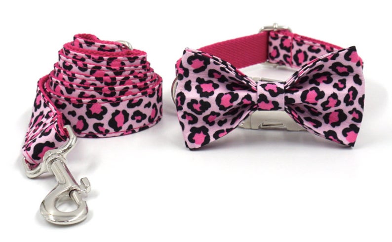 Personalised Pink Leopard Dog Collar Set