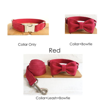 Velvet Plain Engraved Bow Tie Dog Collar Set